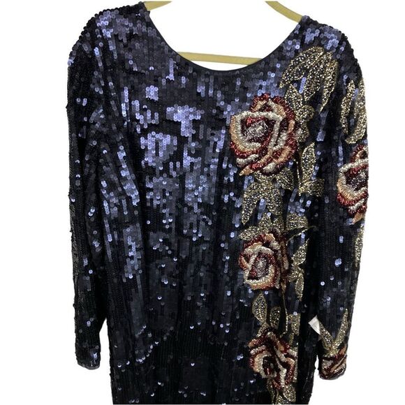 Mac Duggal Dress 20 Blue Sequined Floral Long Sleeve Midi Dress 93624 Modest - Picture 2 of 16